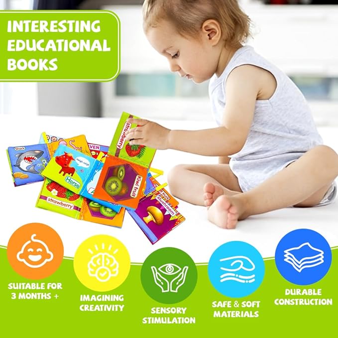Intellibaby 6-Book Set – Soft Sensory Cloth Books for Babies, Crinkle Sound & Washable, Early Learning Themes Animals,Fruits,Numbers,Non-Toxic & Educator Recommended,Gift for Babies & Toddlers